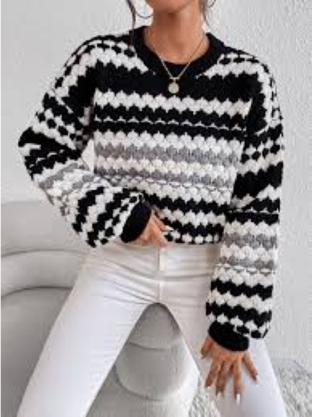 Black, White & Gray Patterned Women's Knit Sweater